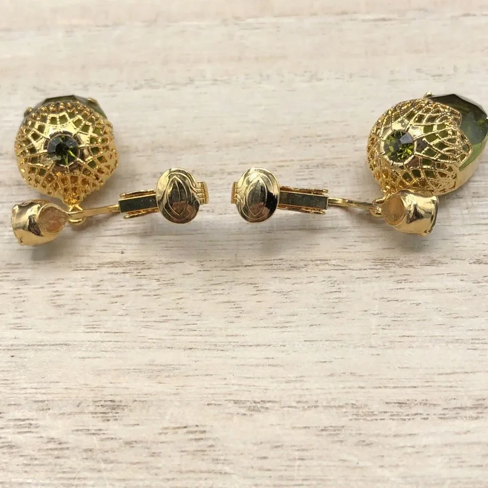 Vintage Sarah Coventry Earrings TOUCH OF ELEGANCE 7326 Green Rhinestone Clip On‎